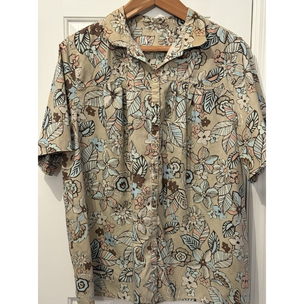 W Floral Artsy L Shirt Coastal Hawaiian Resort Tan Pink Blue Cotton Casual